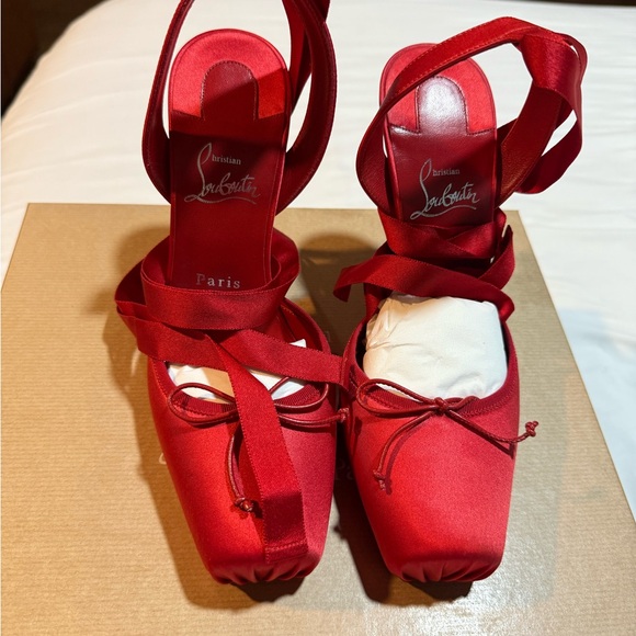 Christian Louboutin Cassia Silk Ankle-Tie Red Sole Ballerina Pumps - Picture 1 of 5
